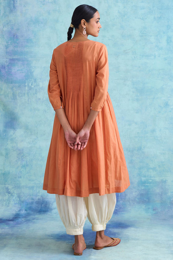 Folksong By W Orange Pleated Dress In Soft Voile