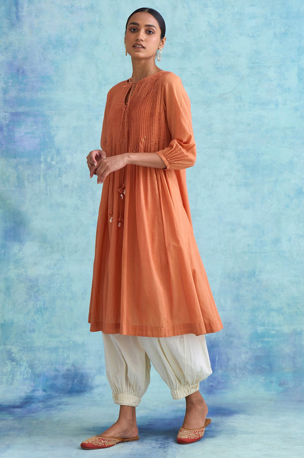 Folksong By W Orange Pleated Dress In Soft Voile