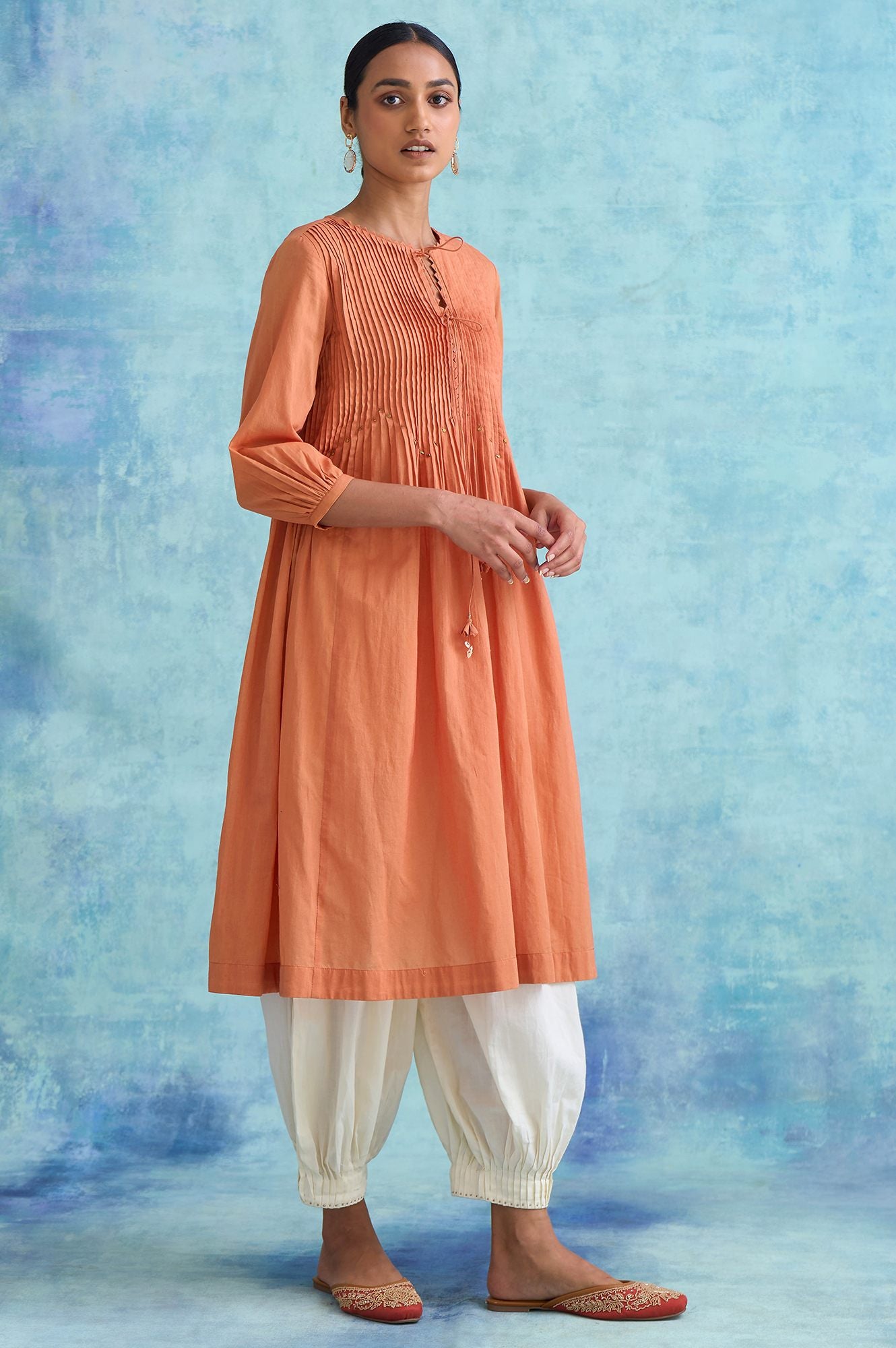 Folksong By W Orange Pleated Dress In Soft Voile