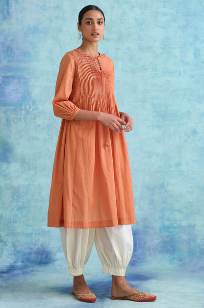 Folksong By W Orange Pleated Dress In Soft Voile