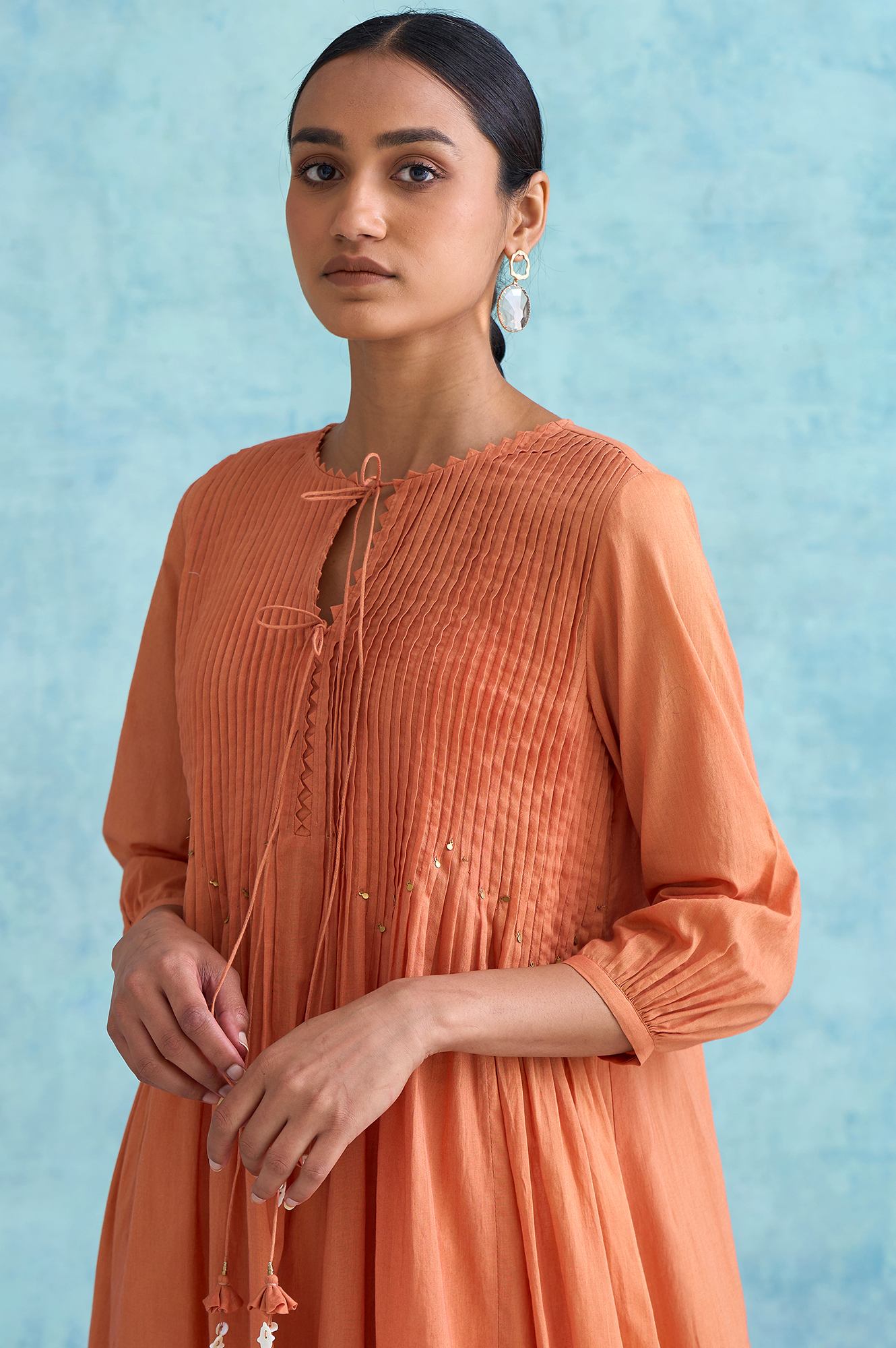 Folksong By W Orange Pleated Dress In Soft Voile