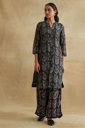 Charcoal Floral Print Cotton Silk kurta - XS