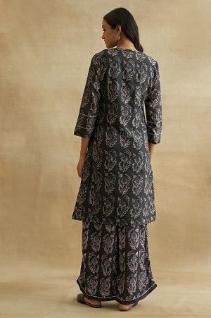 Charcoal Floral Print Cotton Silk kurta