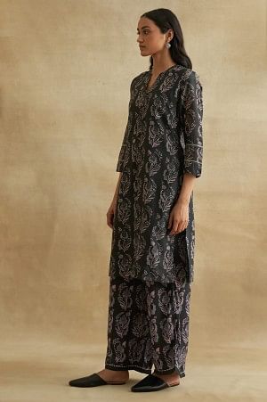 Charcoal Floral Print Cotton Silk kurta