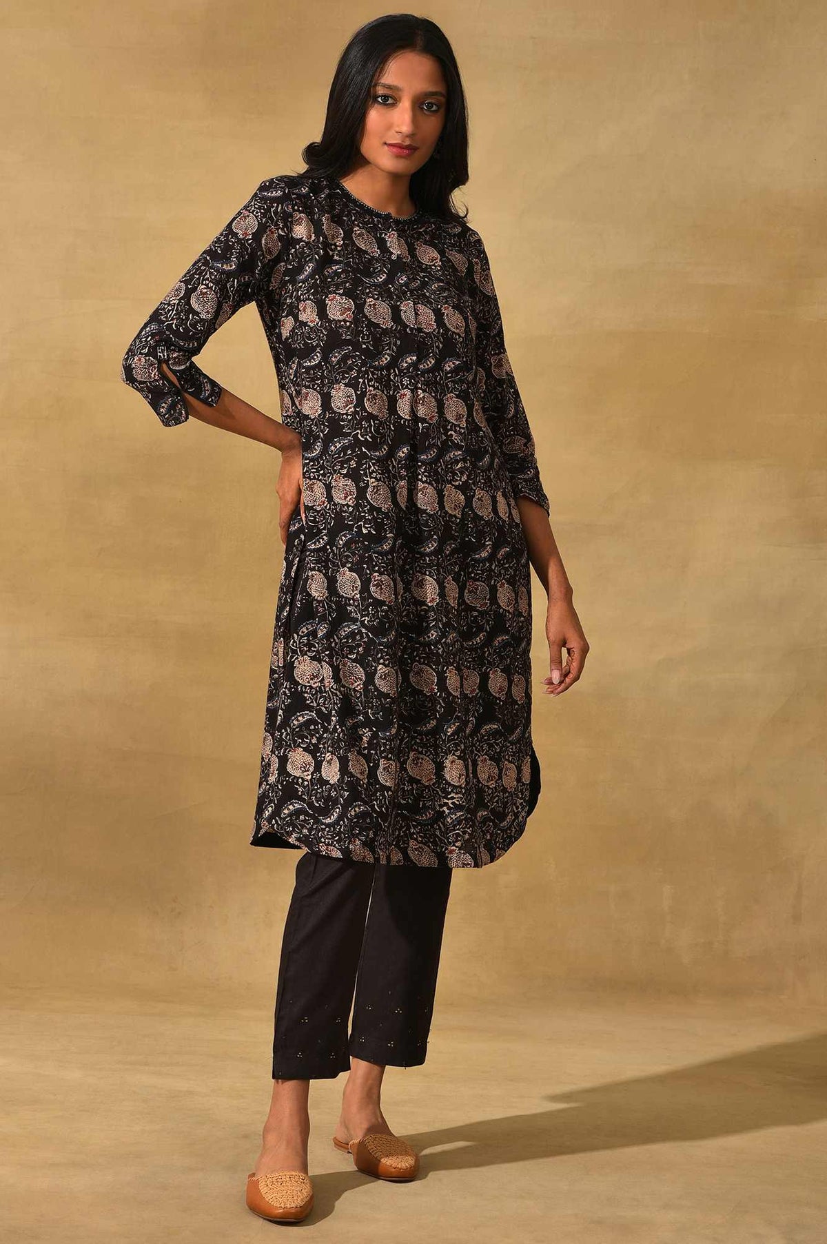 Black Handblock Print Slub kurta - XS