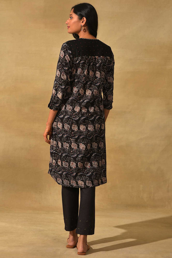 Black Handblock Print Slub kurta
