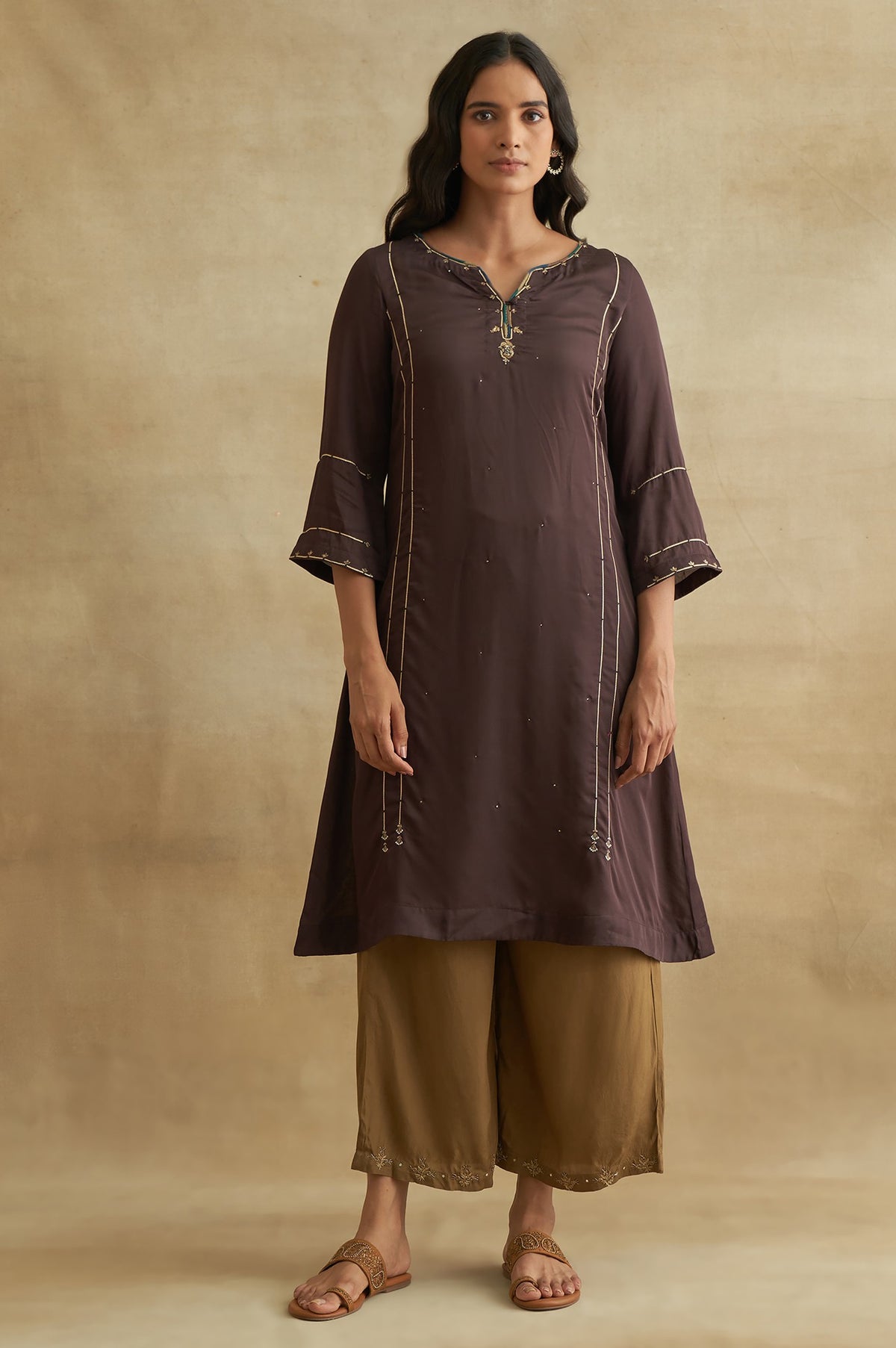 Dark Brown Lustrous Satin Gota kurta - XS