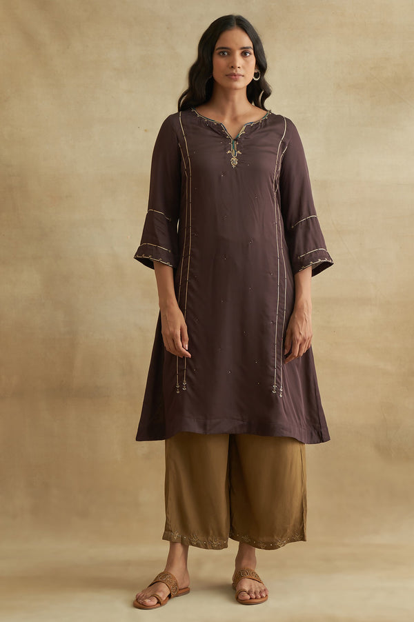 Dark Brown Lustrous Satin Gota kurta