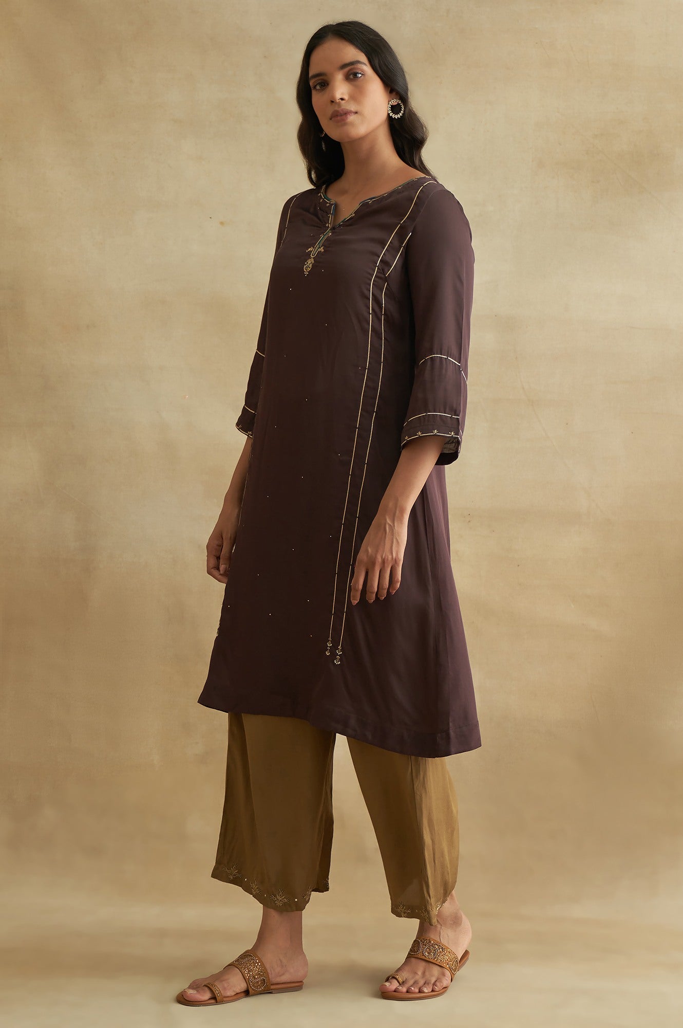 Dark Brown Lustrous Satin Gota kurta