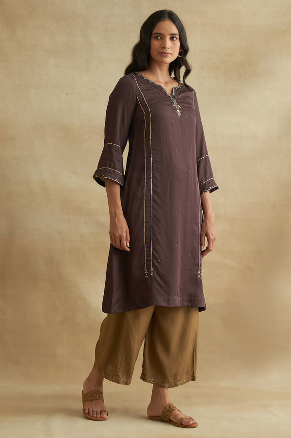 Dark Brown Lustrous Satin Gota kurta