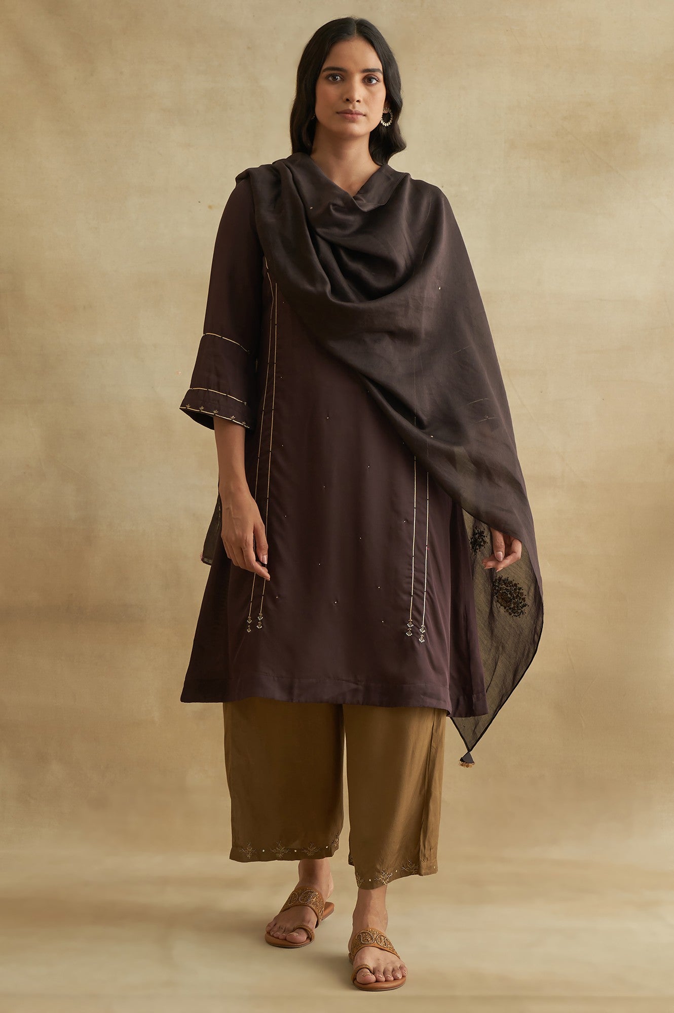 Dark Brown Lustrous Satin Gota kurta