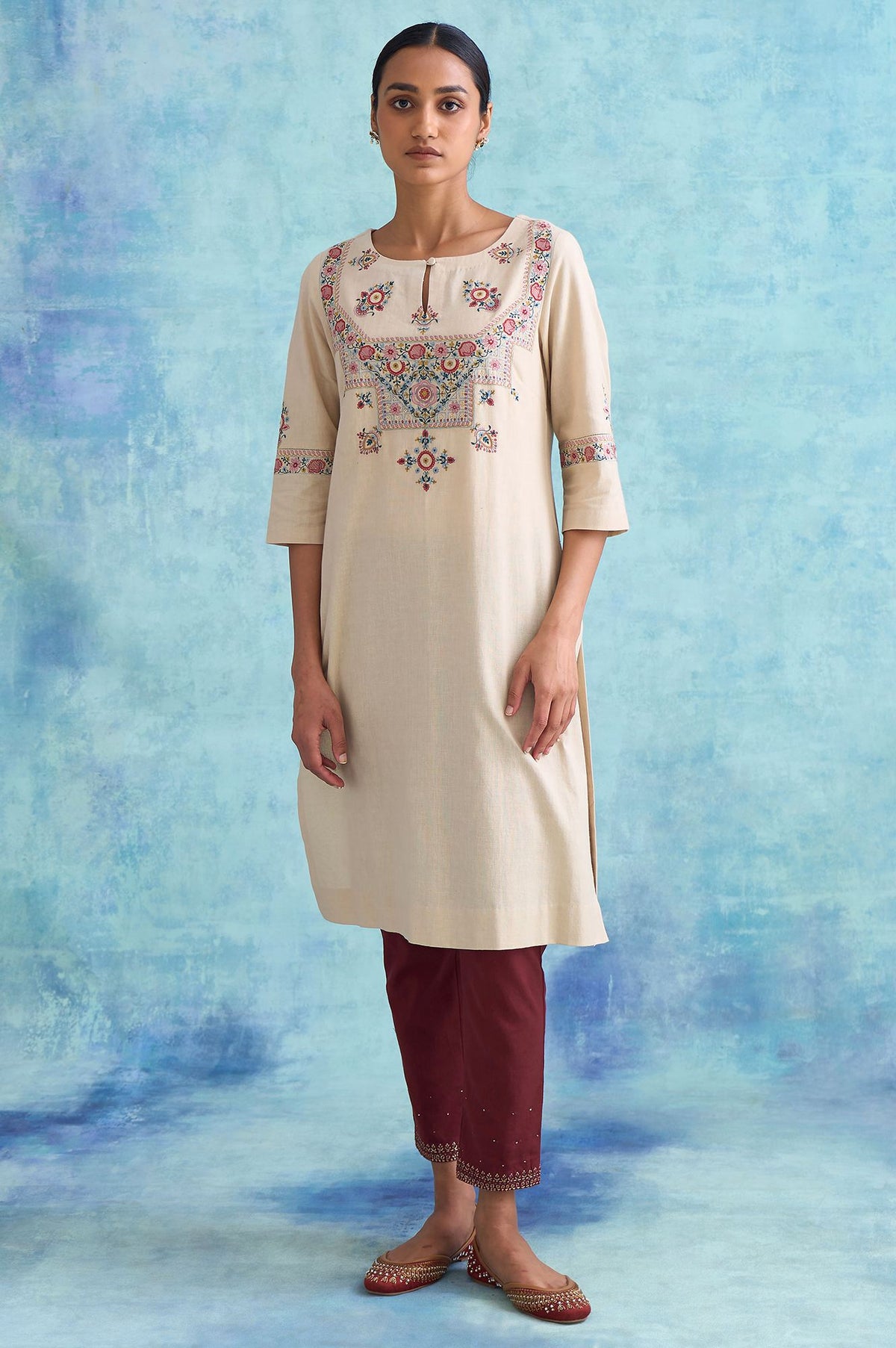 Folksong By W Light Beige Embroidered kurta - XS