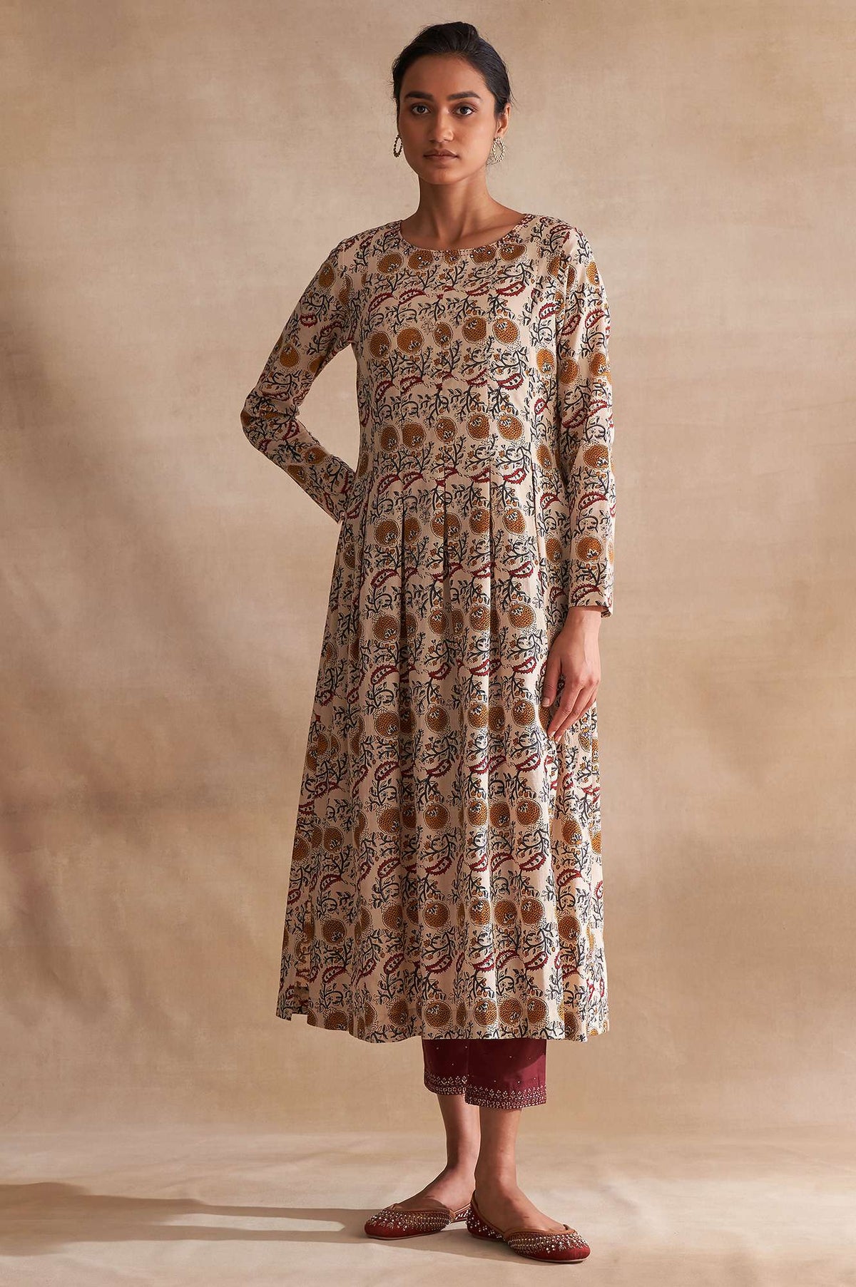 Folksong By W Beige Block Print Pleated Longline kurta - XS