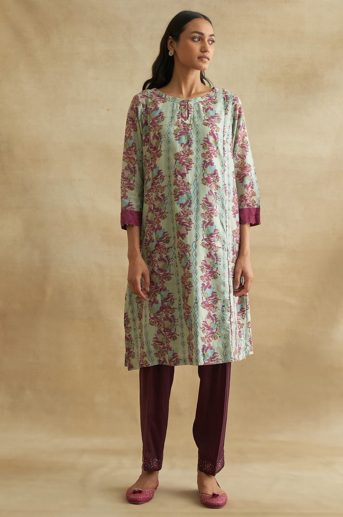 Light Blue Handblock Print Cotton Silk kurta - XS