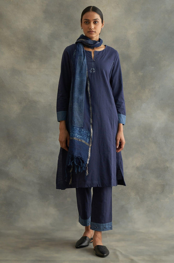 Dark Blue Colour Blocked Straight Pants