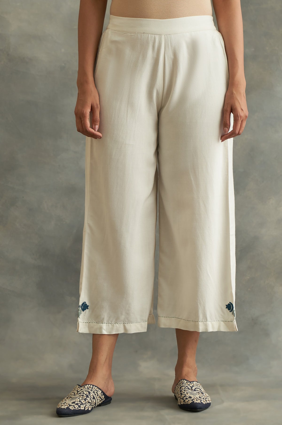Ecru Embroidered Parallel Pants - S