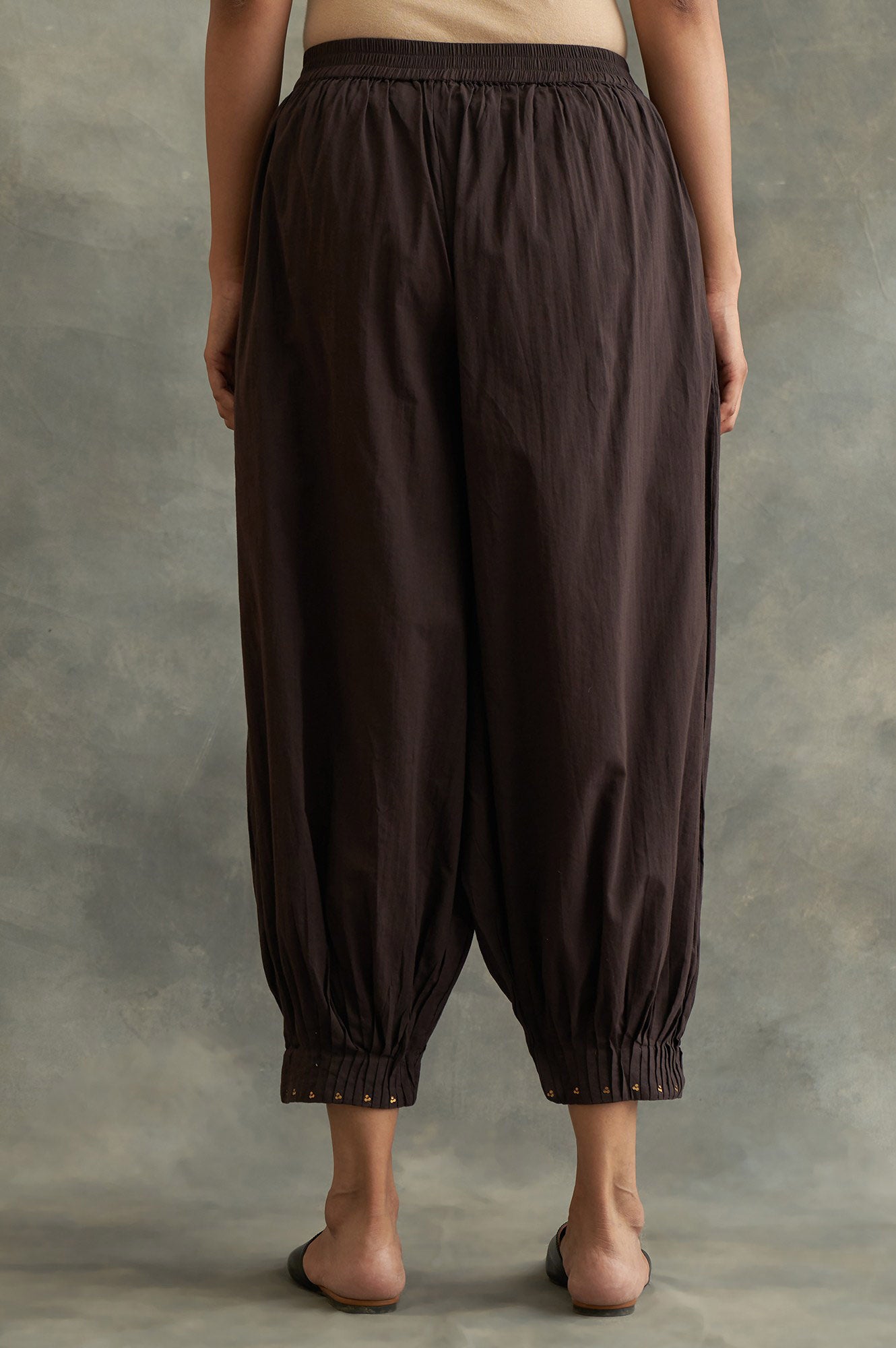 Brown Solid Sequin Pleated Cotton Salwar