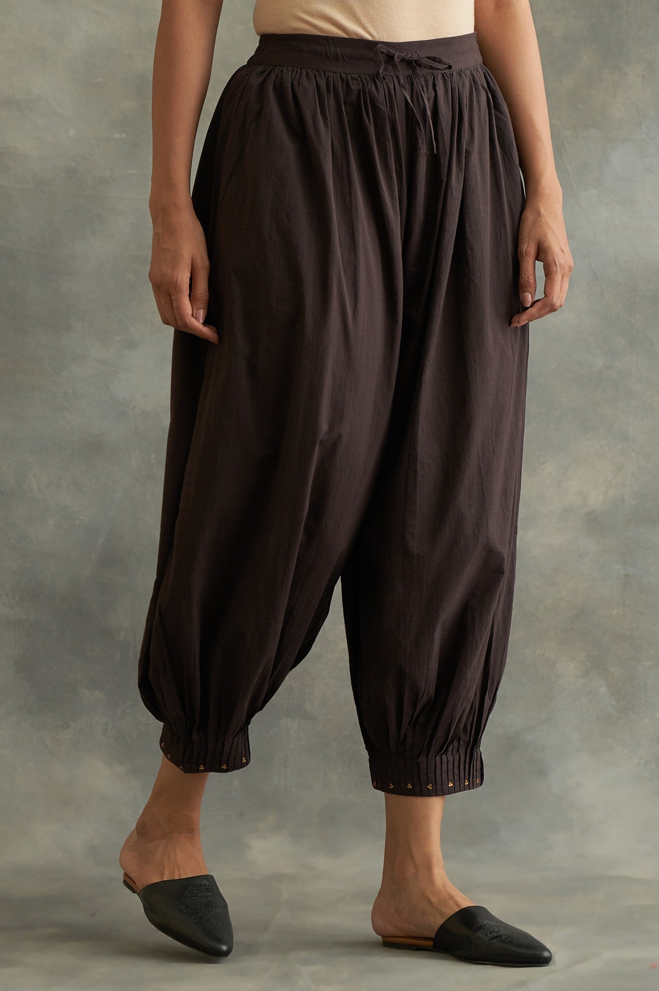 Brown Solid Sequin Pleated Cotton Salwar