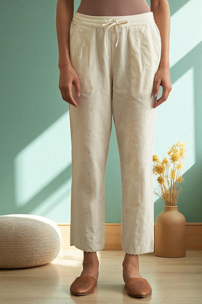 Ecru Solid Straight Pants