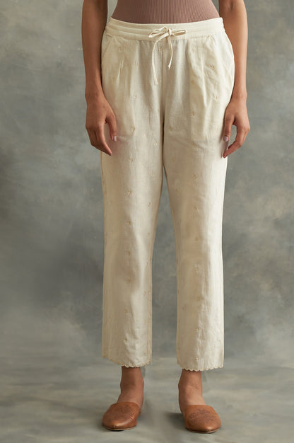 Beige Solid Embroidered Straight Cotton Pant