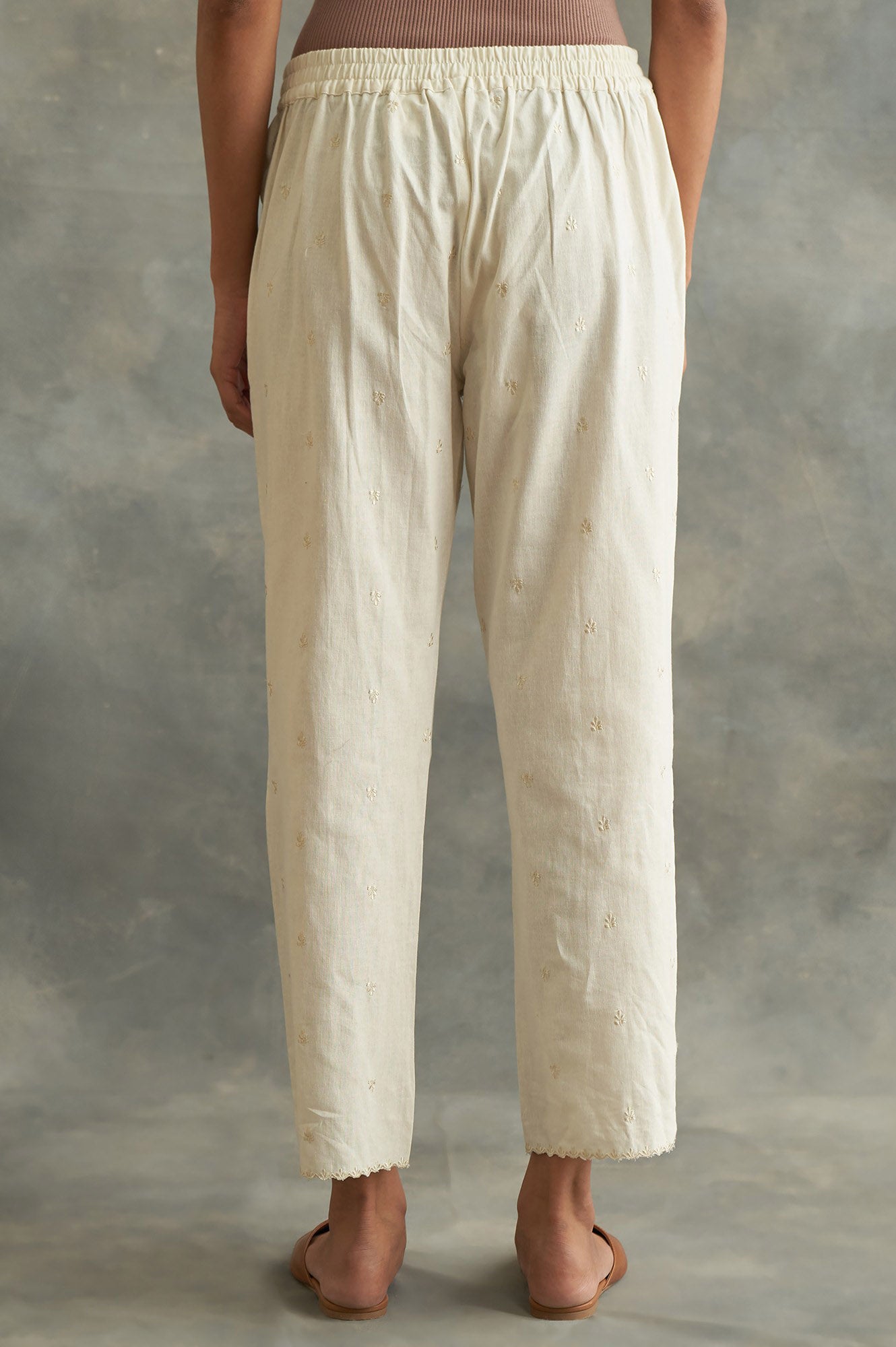 Beige Solid Embroidered Straight Cotton Pant