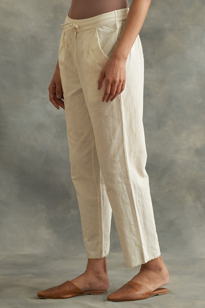 Beige Solid Embroidered Straight Cotton Pant
