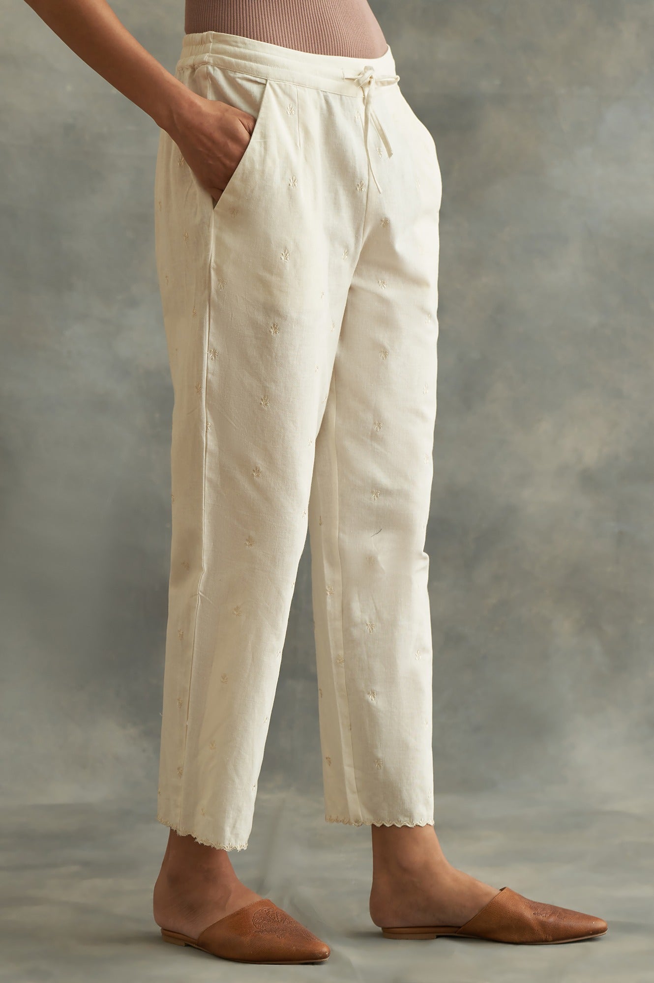 Beige Solid Embroidered Straight Cotton Pant