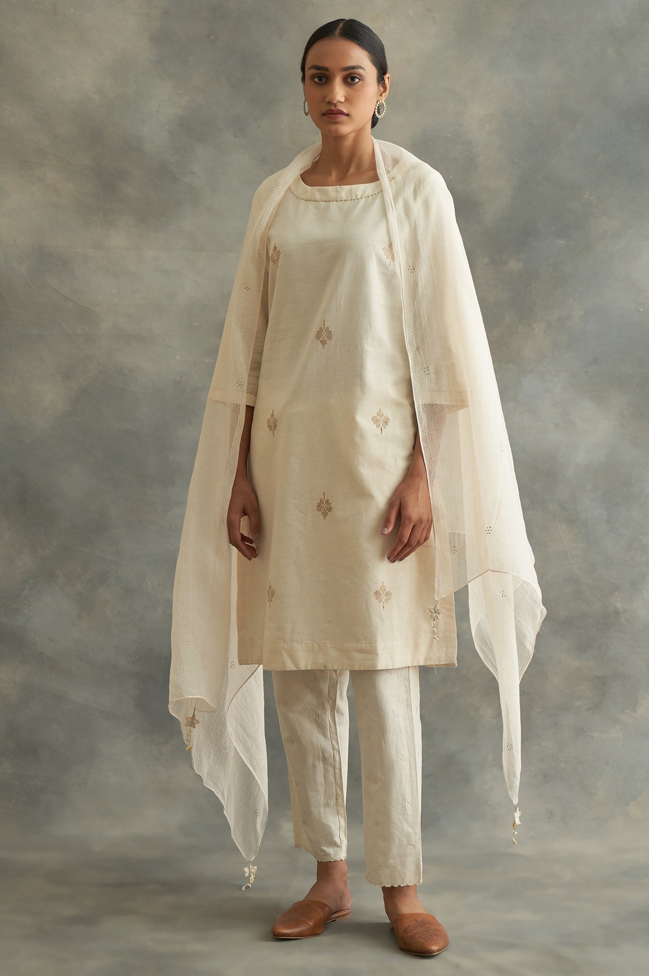 Beige Solid Embroidered Straight Cotton Pant