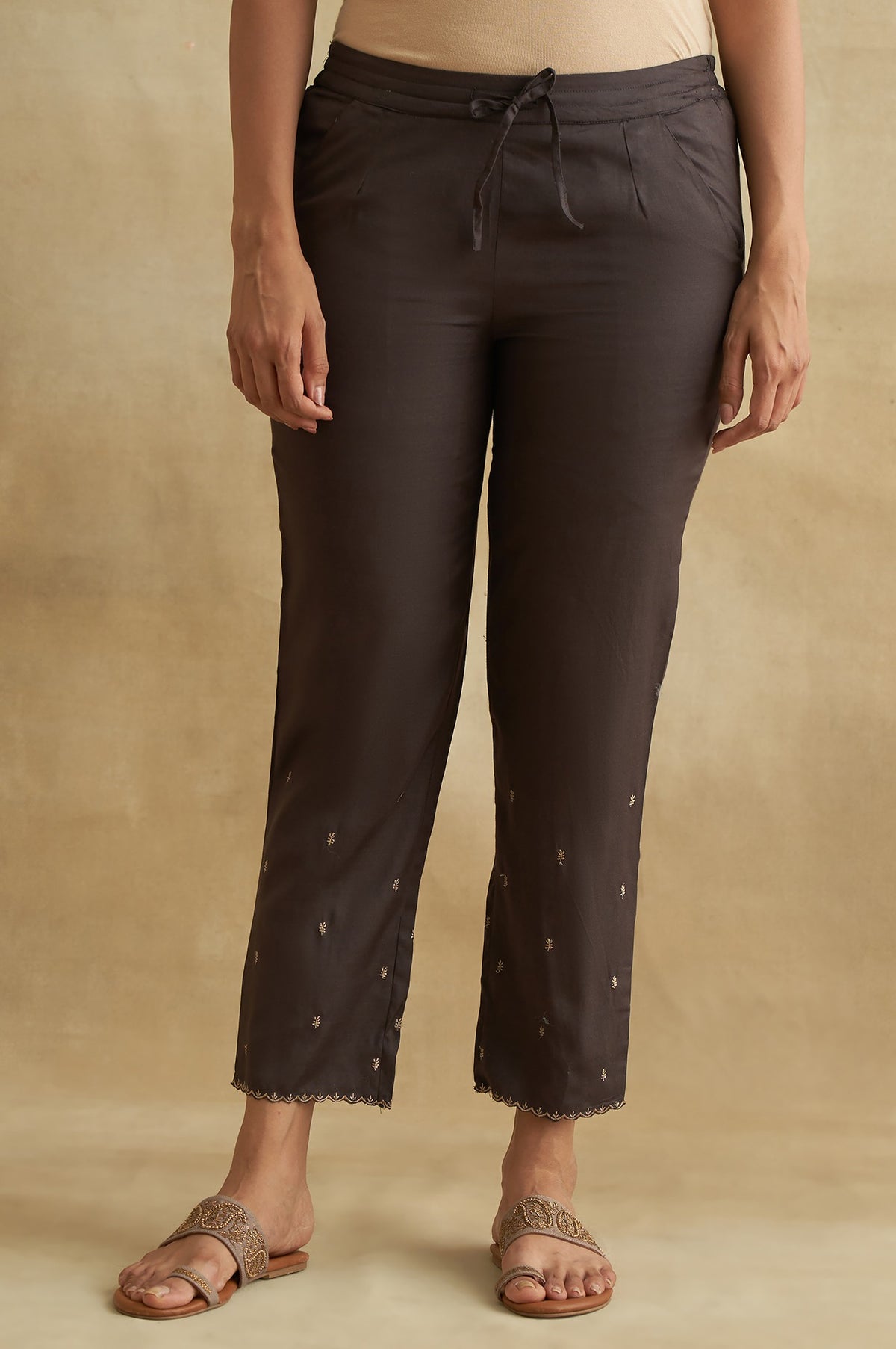 Brown Solid Embroidered Straight Cotton Pant - S