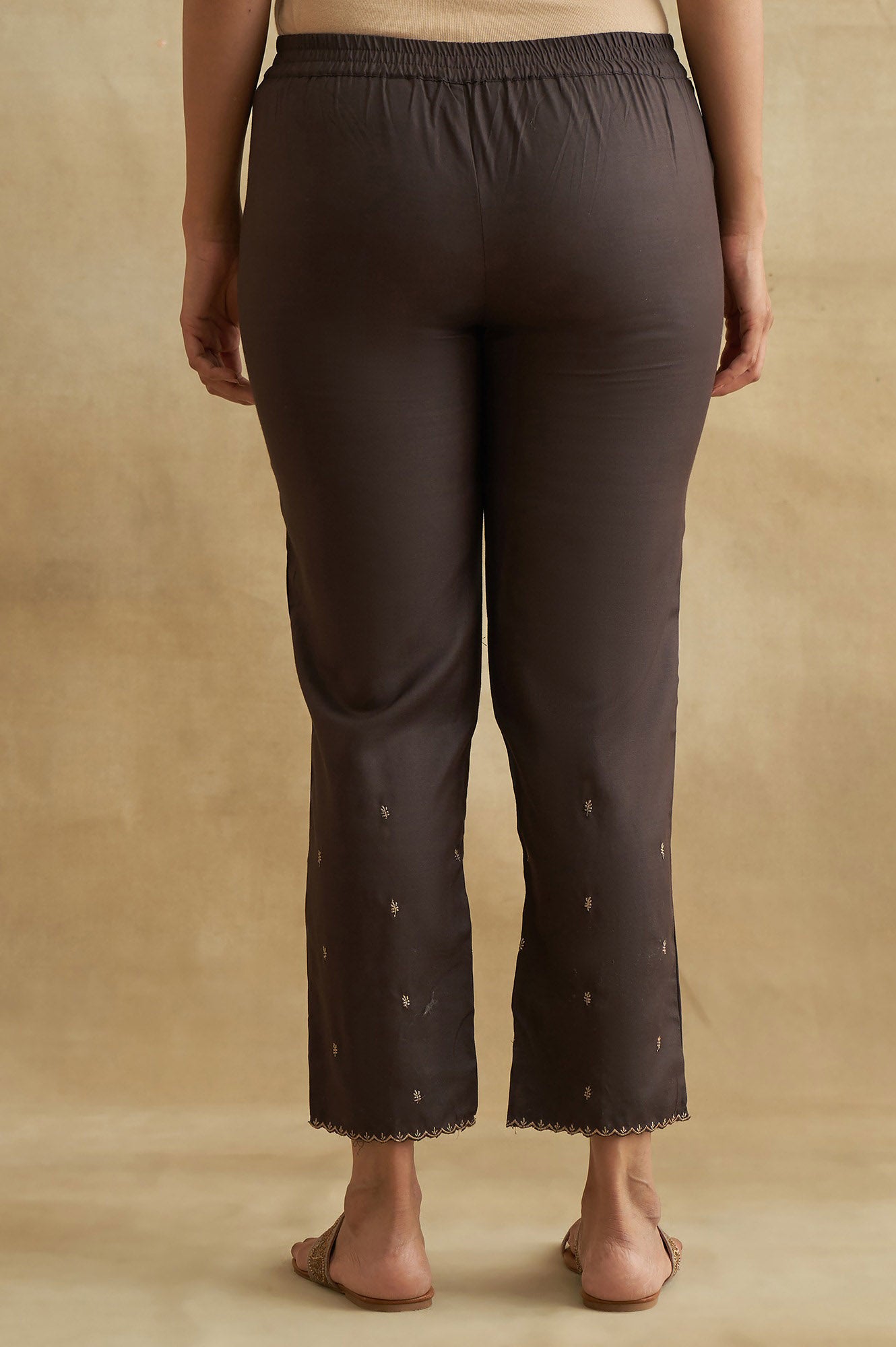Brown Solid Embroidered Straight Cotton Pant