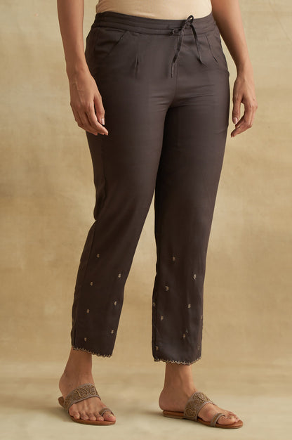 Brown Solid Embroidered Straight Cotton Pant