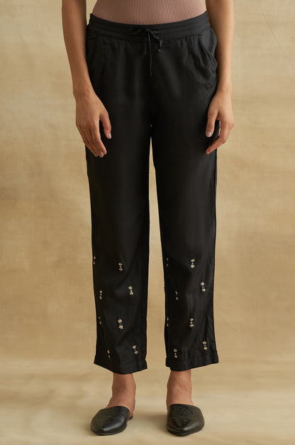 Black Thread Embroidered Silk Tussar Straight Pants