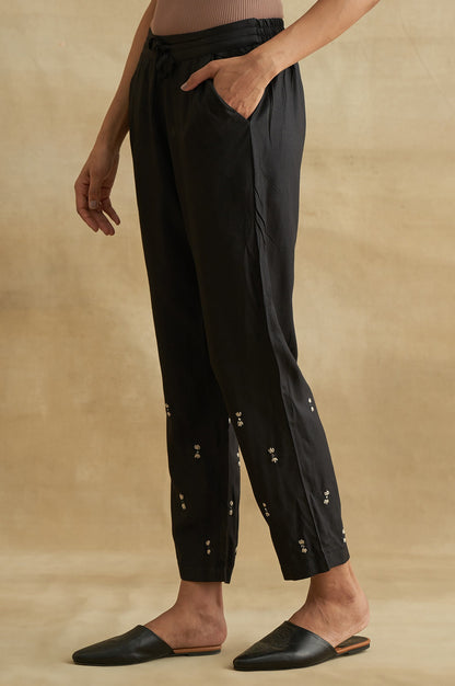 Black Thread Embroidered Silk Tussar Straight Pants