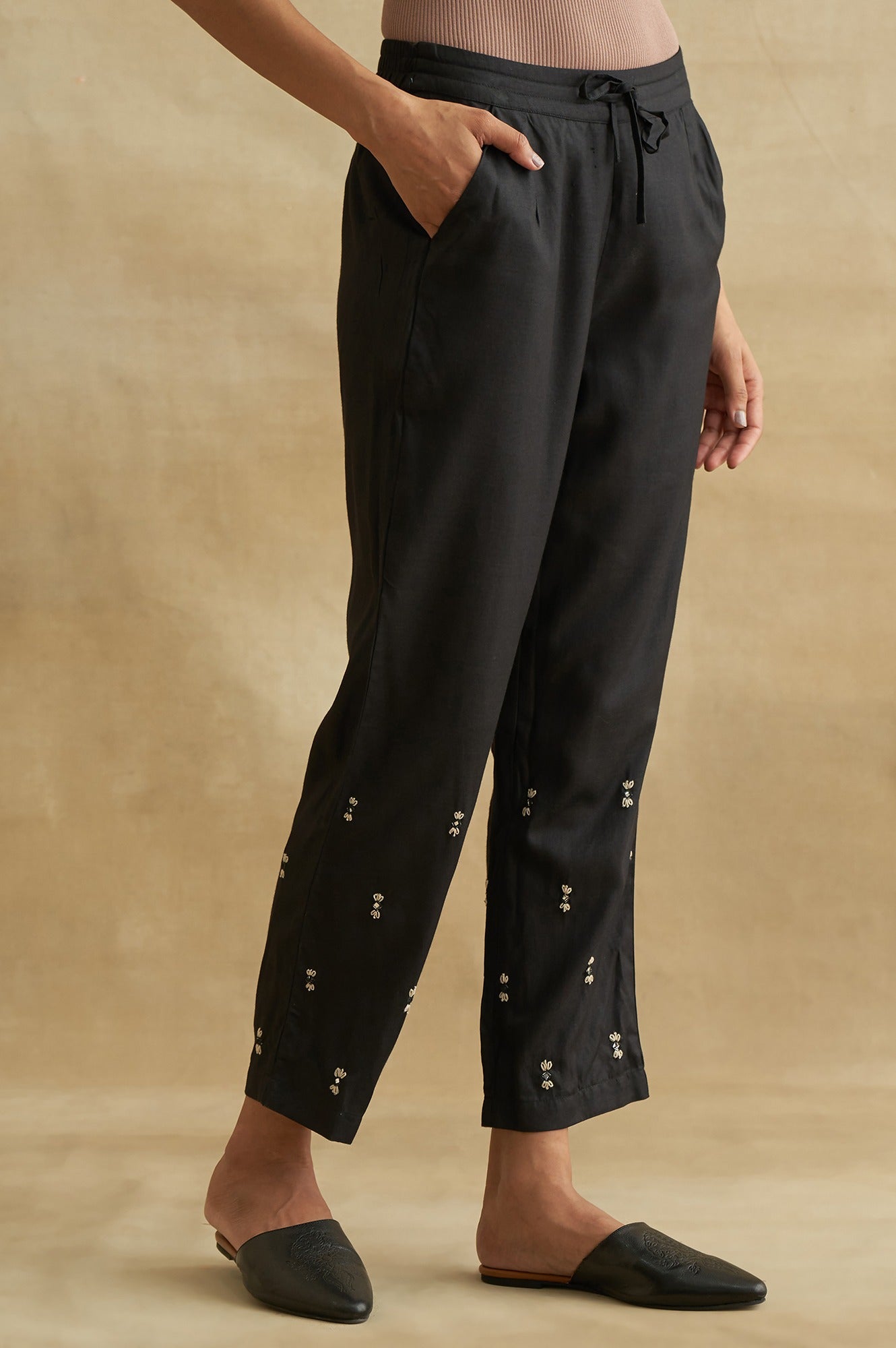 Black Thread Embroidered Silk Tussar Straight Pants