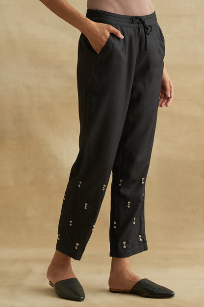 Black Thread Embroidered Silk Tussar Straight Pants