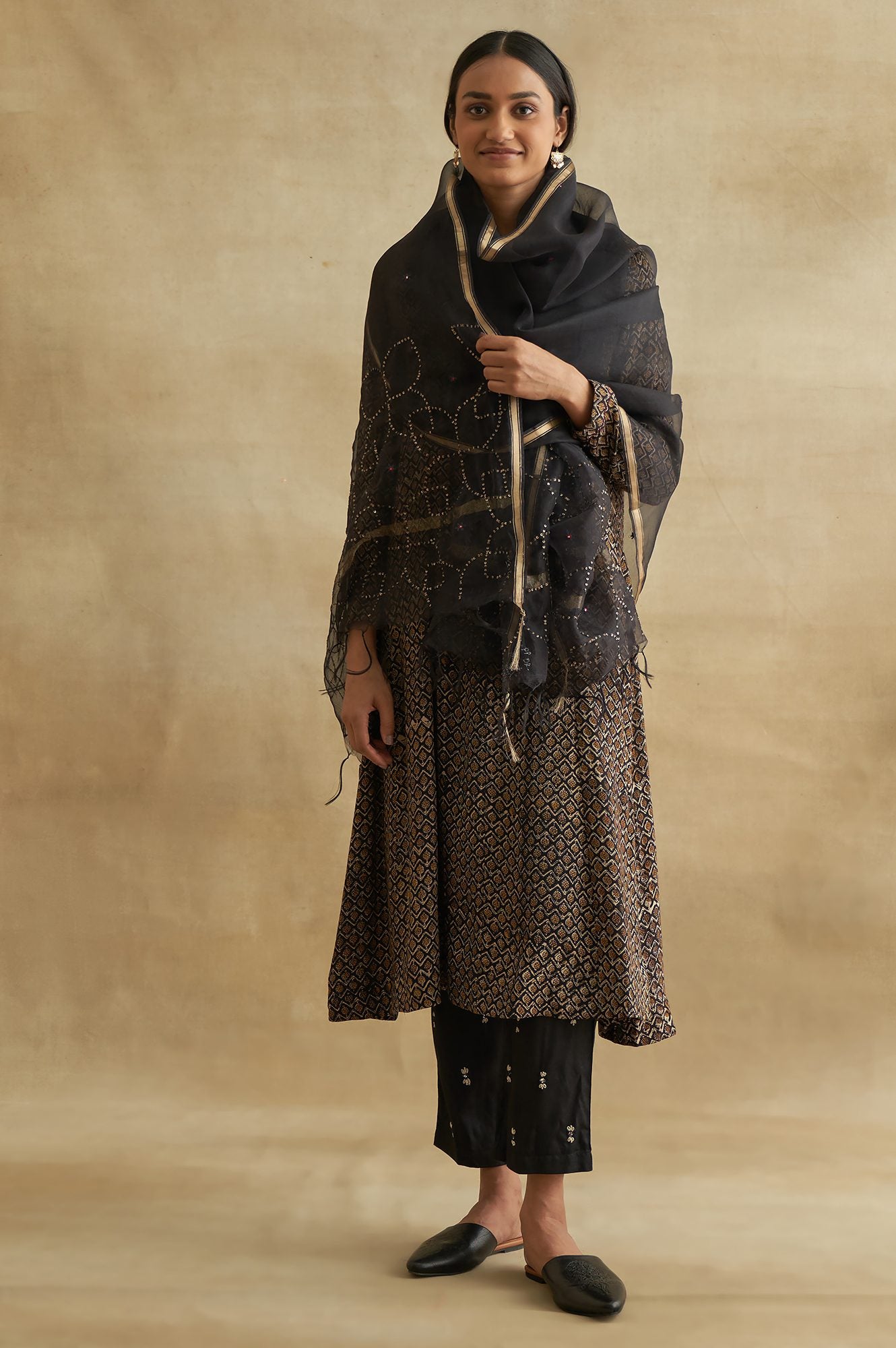 Black Thread Embroidered Silk Tussar Straight Pants