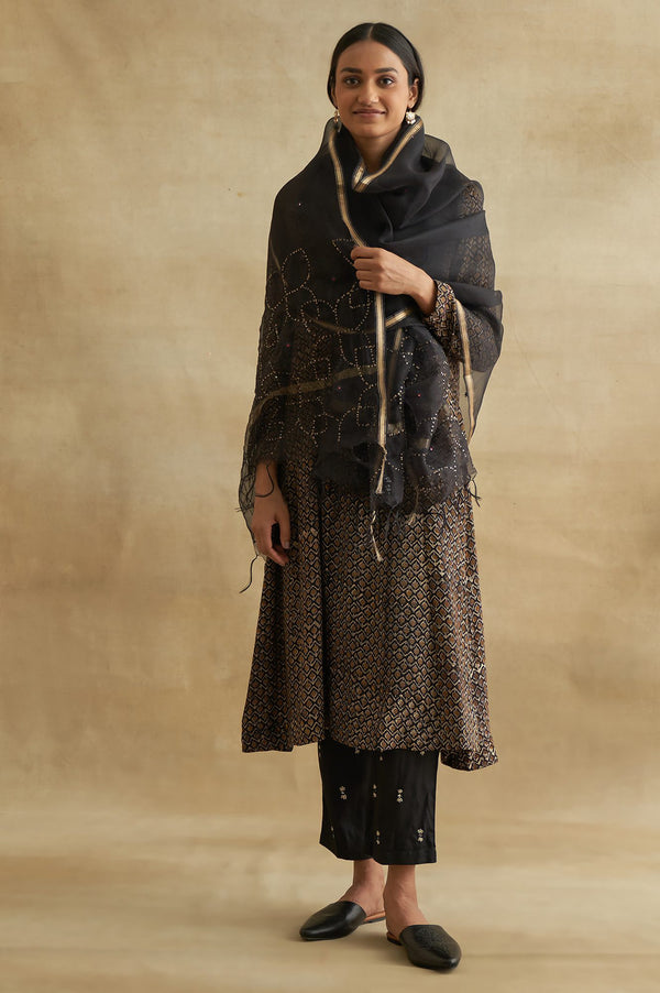 Black Thread Embroidered Silk Tussar Straight Pants