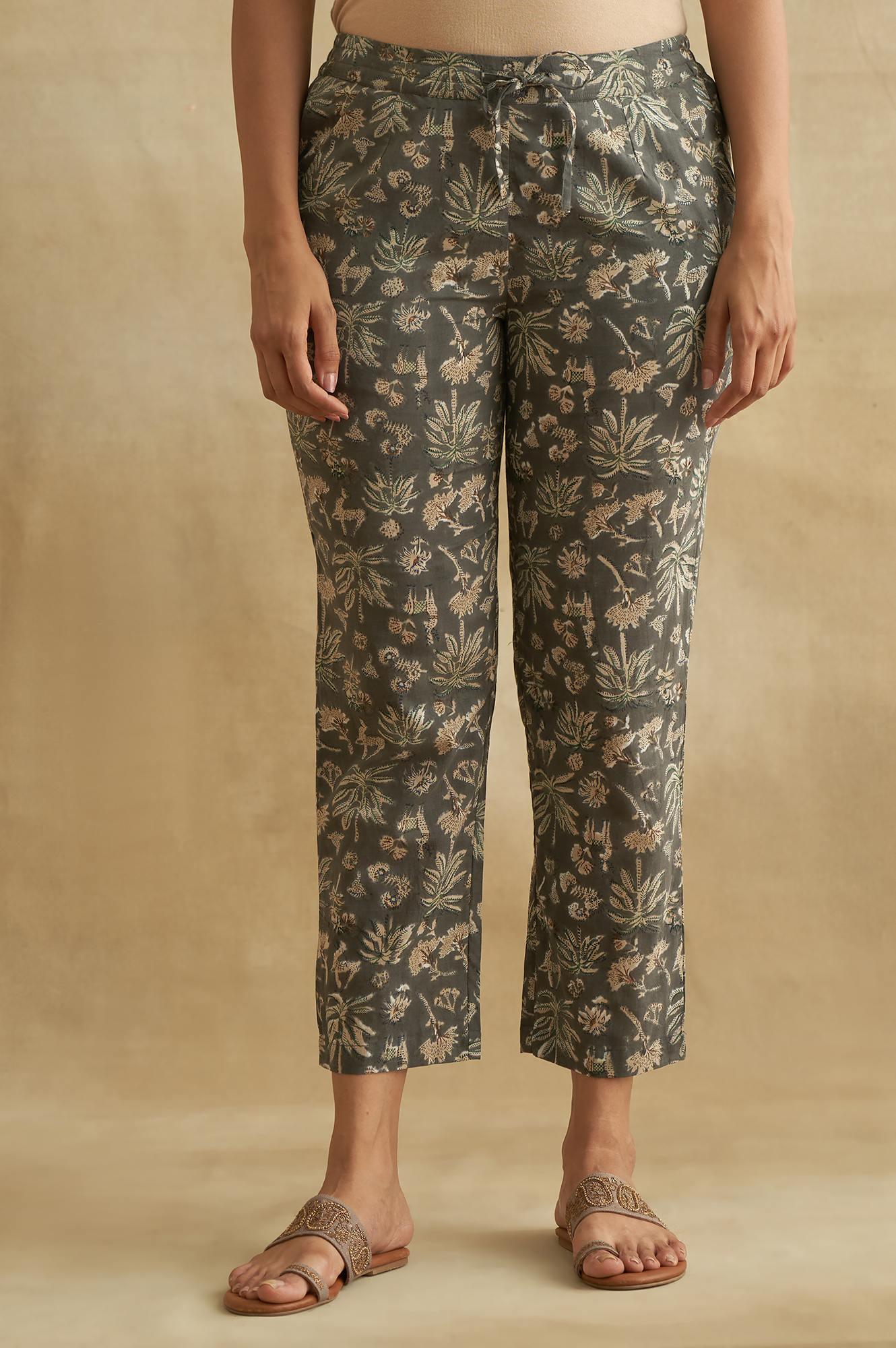 Dark Grey Handblock Print Straight Pants - wforwoman