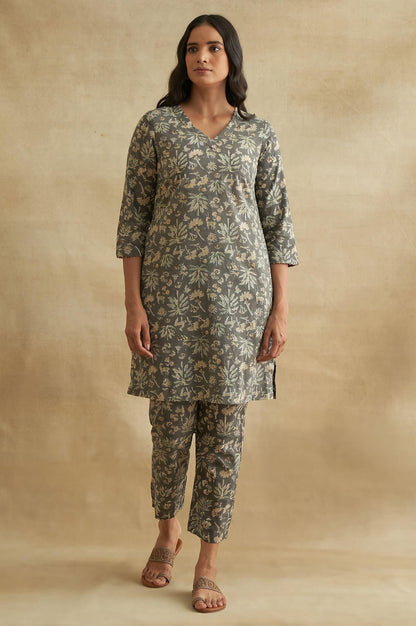 Dark Grey Handblock Print Straight Pants - wforwoman