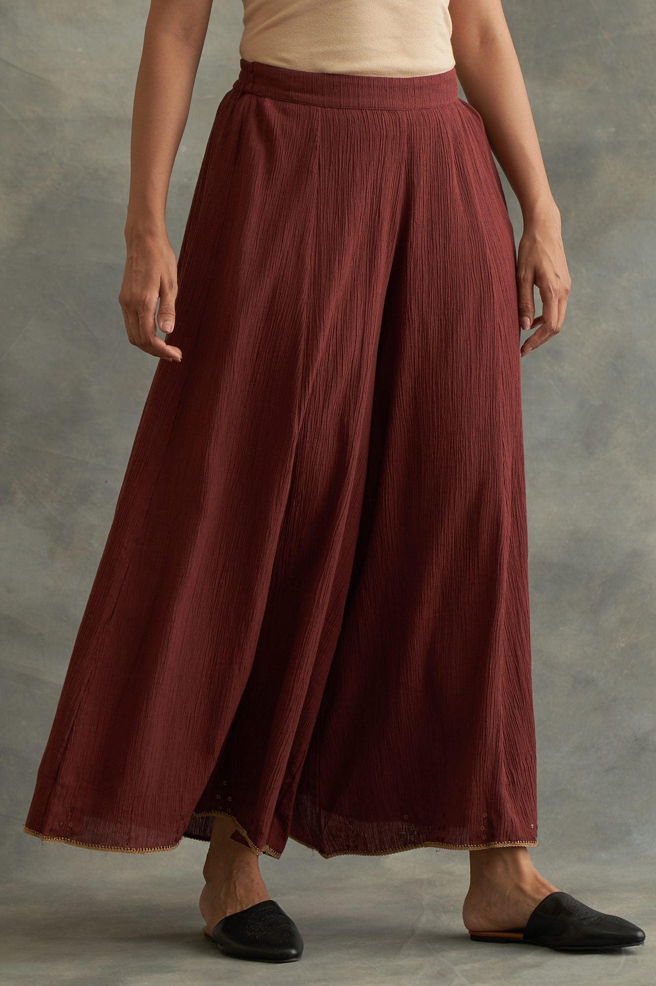 Dark Red Solid Divided Skirt - wforwoman