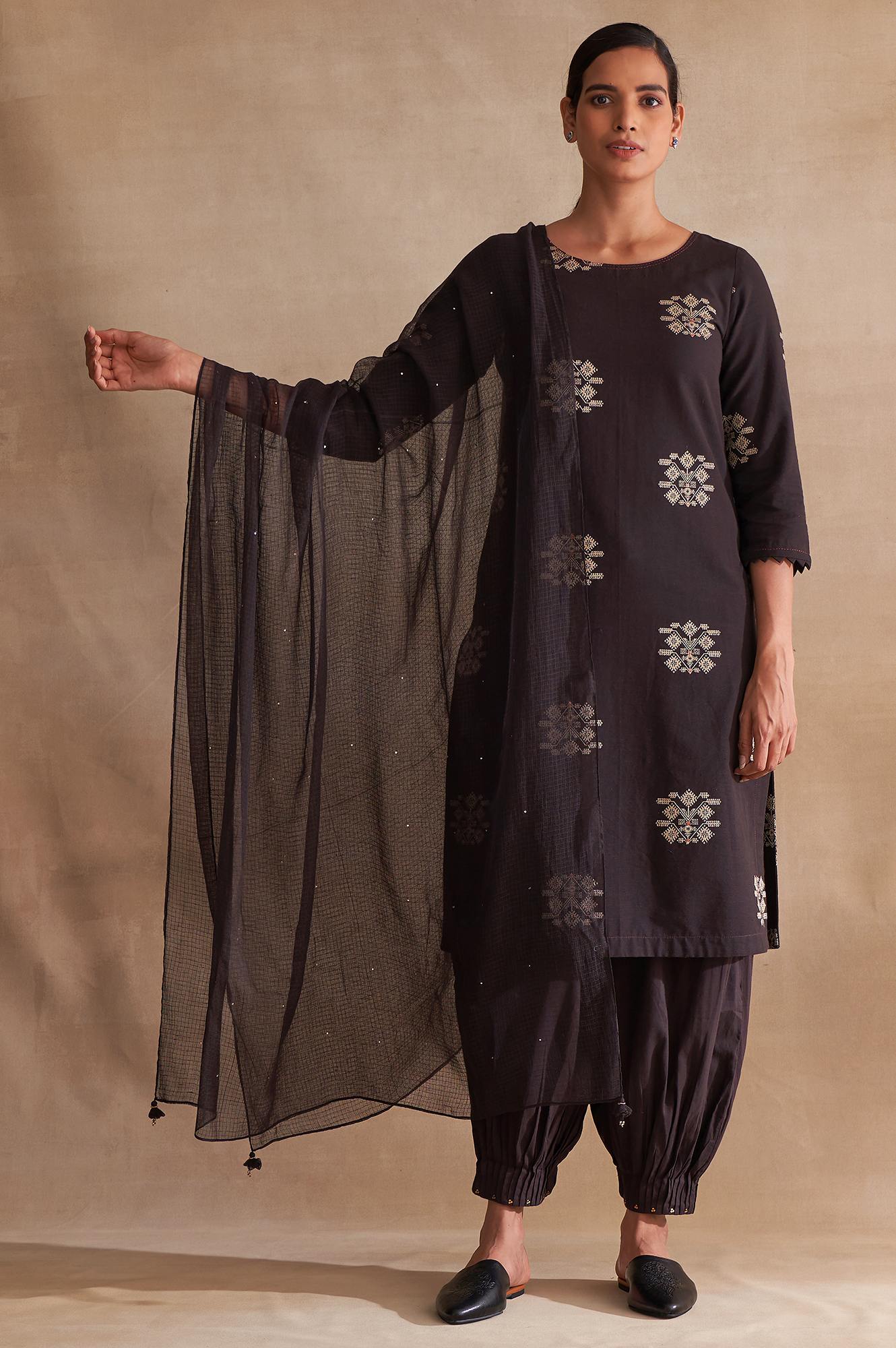 Brown Solid Mukaish Work Rectangular Cotton Silk Dupatta