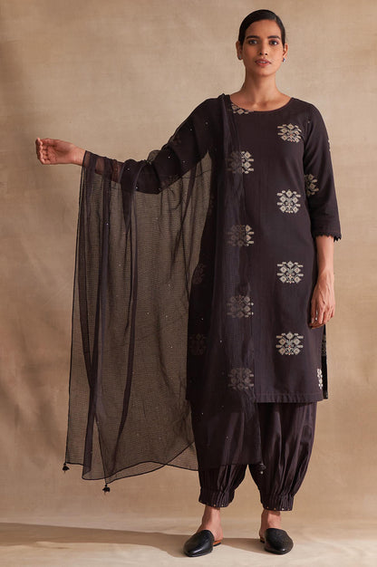 Brown Solid Mukaish Work Rectangular Cotton Silk Dupatta