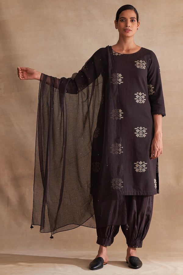 Brown Solid Mukaish Work Rectangular Cotton Silk Dupatta