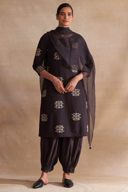 Brown Solid Mukaish Work Rectangular Cotton Silk Dupatta