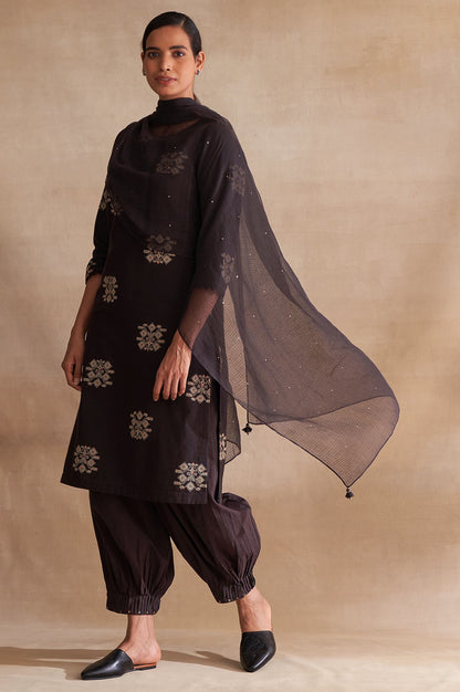 Brown Solid Mukaish Work Rectangular Cotton Silk Dupatta