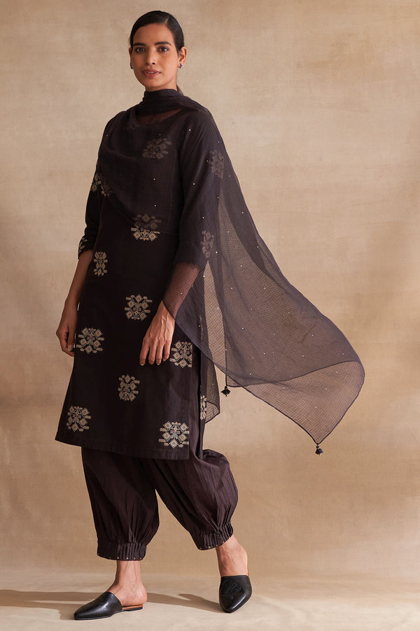 Brown Solid Mukaish Work Rectangular Cotton Silk Dupatta