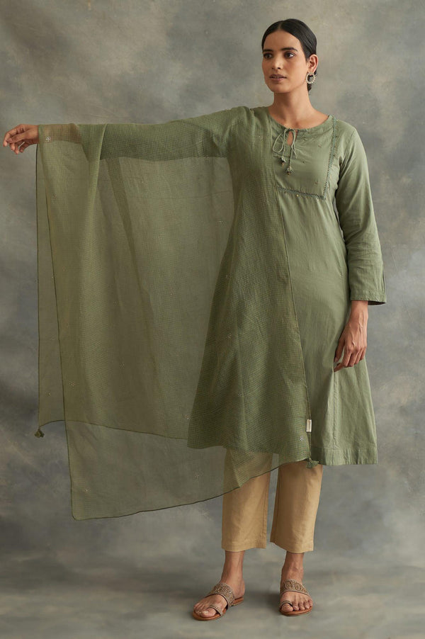 Green Solid Kota Drape