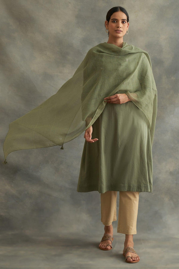Green Solid Kota Drape