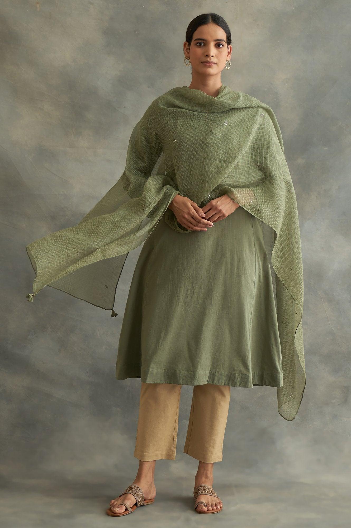 Green Solid Kota Drape - wforwoman