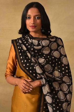 Black And Ecru Printed Cotton Silk Drape